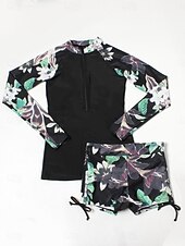 Недорогие Танкини-Жен. Купальники Танкини 2 шт. Шорты купальник Утягивание живота Завышенная Тонкие Открытая спина Отпуск Одежда для пляжа Цветочный принт Вырез под горло Длинный рукав Купальники