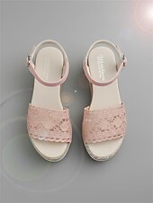 levne Sandály na klínu-Dámské růžové květinové krajkové espadrilky na klínku – bohémské boty na platformě s otevřenou špičkou a páskem přes kotník pro dovolenou u pláže, letní resorty &amp;styloví cestovatelé