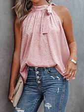 abordables Blusas Sencillas-Mujer Blusa Camisa sin mangas Lazo Leopardo Elegante Casual Sin Mangas Cuello halter Tops regulares Diario Festivos Ropa de playa Negro Blanco Rosa Azul Marino Verde Trébol Verano Primavera