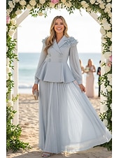 preiswerte Semi-formal / Cocktail-Zweiteilig A-Linie Knöchellänge Kleid für Hochzeitsgäste Kleider für Hochzeitsgäste Elegant Vintage Täglich Langarm Revers Gartenparty Hochzeit mit 3D-Blumen Falten