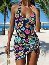baratos Tankinis-Mulheres Roupa de Banho Tankini Saia roupa de banho Com Cordão Elegante Férias Floral Gráfico Decote V Sem Manga Fatos de banho