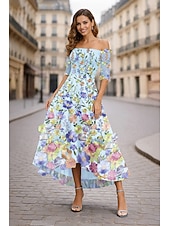 Недорогие Коктейльные платья-А-силуэт Ниже колена коктейльные платья Элегантный стиль Стиль знаменитостей Асимметричный крой Рукав до локтя С открытыми плечами Вечеринка в саду Свадьба Кружева с Вышивка Аппликации