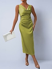 preiswerte Einfaches Kleid-Damen Midikleid Satinkleid Partykleid Figurbetontes Kleid Elegant Mode Modern Outdoor Urlaub Ausgehen Normale Passform Einfach Ärmellos Wasserfallausschnitt Hellgrün Grün Aprikose Sommer Frühling