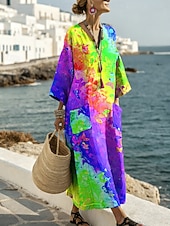 economico Arte &amp; Design Abiti-Abito Maxi da Donna in Lino Abito Casual Giornaliero Fit Lungo Ombre Grafica Maniche Lunghe Collo a V Blu Giallo Rosso Viola Estate Primavera