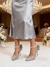 رخيصةأون عروس-حذاء نسائي لامع بكعب رفيع ومقدمة مدببة مع فيونكة وحزام كاحل من اللؤلؤ - حذاء سهرة أحمر للحفلات والحفلات الراقصة والمناسبات الخاصة