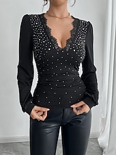 preiswerte Einfarbiges T-Shirt-Damen Oberteil mit Spitzenspleiß Spitze Strass Geraffte Seite Stilvoll Sexy Langarm V Ausschnitt Normale Oberteile Party-Abendmode Wochenende Schwarz Sommer Frühling Herbst