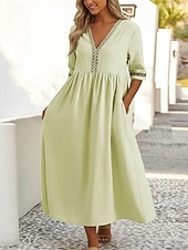 cheap Dresses-Women's 100% Cotton  Midi Dress Cotton Linen Dresses Shift Dress Fashion Modern Outdoor Vacation Going out Loose Fit Plain Half Sleeve V Neck Neon Yellow White Pink Green Summer Spring