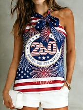  Giorno dell'Indipendenza Americana Per donna Top in raso Canotta Maglietta senza maniche Maglietta Nodo da legare Grafico Bandiera Americana Moda Classico Casual Senza Maniche Top con spalle scoperte