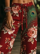 Χαμηλού Κόστους Μποέμ παντελόνια-Γυναικεία Πλατύ Πόδι Παντελόνια Διακοπές Μοντέρνα Μπόχο Πλήρες μήκος Μεσαία Μέση Φλοράλ Τσέπη Ελαστική μέση Στάμπα Άνετα Ικανότητα να αναπνέει Ανελαστικό Καθημερινά ΕΞΩΤΕΡΙΚΟΥ ΧΩΡΟΥ Διακοπές Ρουμπίνι