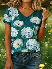 economico T-shirt floreale-Per donna Camicia Boho Maglietta Stampato Floreale Grafico Bohemien Vintage Classico Manica Corta Scollo a V Top Regolari Quotidiano Rosa Verde scuro Viola Verde Rosa Estate Primavera