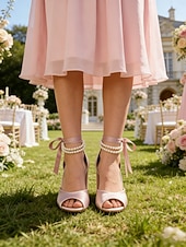 baratos Dama de honra-Sandálias rosa blush com salto bloco para madrinhas – sapatos de salto alto de cetim com bico aberto, tira no tornozelo com pérolas e laço, ideais para casamentos, cerimônias, recepções, formaturas e eventos formais.