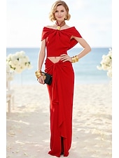 abordables Semi-formal / Cóctel-Two Piece Sheath Column Floor Length Wedding Guest Dress Wedding Guest Dresses Elegant Daily Cap Sleeve Halter Neck Garden Party Wedding with Ruched