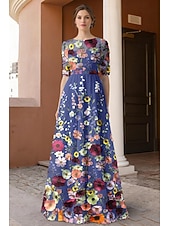 billige Gulvlengde-A-linje Kjoler Gulvlengde Festkjole Cocktail Kjole Gjestekjole til bryllup Kjole til brudens mor Halvlange ermer Crew-hals Illusjon Hals Elegant Årgang Formell Blonder Tyll med 3D-blomster Broderi