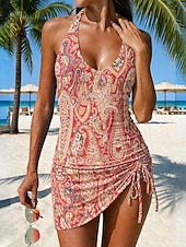 baratos Tankinis-Mulheres Roupa de Banho Tankini Saia roupa de banho Com Cordão Elegante Férias Floral Gráfico Decote V Sem Manga Fatos de banho