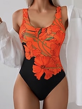 お買い得  ワンピース水着-女性用 スイムウェア ワンピース ブリーフ 水着 旅行度假风 ファッション フラワー グラフィック ラウンドネック ノースリーブ 水着