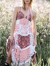 economico Abito Boho da Vacanza-Per donna Abito maxi Vestito Casual Abito Floreale Abito Boho Moda Moderno All'aperto Vacanza Uscire Vestibilità regolare Floreale Senza Maniche Scollo a V Blu Rosso Viola Estate Primavera