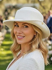 economico Matrimonio ACC-cappello in feltro di lana da donna, disponibile nei colori bianco e nero, stile elegante con decorazione a bottone dorato, perfetto per matrimoni e banchetti