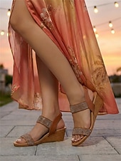 tanie Kobiety-damskie sandały na koturnie z kryształkami – brązowe, odkryte palce, elastyczne paski, wygodne buty na lato, okazje codzienne i eleganckie