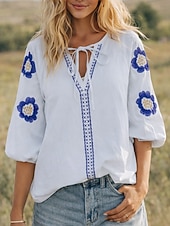 tanie Gładkie bluzki-Damskie Koszula Popover Letnia koszula Codzienna koszula Bluzka Haft Kwiaty Urlop Elegancki Codzienny Rękaw 1/2 W serek Zwykłe topy Codzienny Plaża Święto Niebieski Rumiany róż Granatowy Morelowy