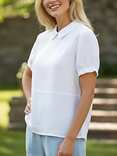 economico Camicie-maglietta da donna 100% cotone, arricciata, tinta unita, classica, casual, maniche corte, colletto, top regolare, per tutti i giorni, per uscire, per il fine settimana, blu, bianco, rosa, azzurro, estate, primavera