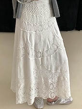 baratos Saias de Férias-Mulheres Saia de renda Boêmia Moda Casual Longo Cintura Média Saias Cor Sólida Renda Buraco Sem Elasticidade Diário Férias Branco Bege Verão Algodão