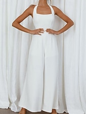 billige Jumpsuits-Dame Normal Kjeledresser Elegant Helfarge Ermeløs Bred Bukseben Grimehals Åpen rygg Daglig Feriereise Løstsittende Hvit Lysegrønn Rosa Sommer