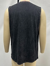  Vintage-Tanktop für Herren, 100 % Baumwolle, Acid-Wash-Optik, ärmelloses Unterhemd, Henley-Shirt, schlichtes Sommer-Design, Basic-Tasche, Knöpfe, Urlaub, Streetwear, schwarzes T-Shirt für Herren