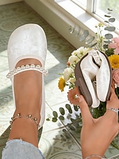 economico Ballerine da donna-ballerine mary jane beige da donna con cinturino in finta perla – scarpe comode e larghe con punta tonda, elegante stile vintage per l'uso quotidiano, matrimoni, feste del tè e viaggi