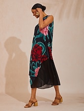 voordelige Bloemenjurken-Smaragdgroene rozentuin zwierige chiffon maxi-jurk