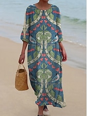 Χαμηλού Κόστους Floral φορέματα-Γυναικείο Μακρύ Φόρεμα Λινάρι Τόσο Αναπνεύσιμη Ελαφριά Σαλοπέτα Άμεσου Στυλ Καλοκαιρινό Φόρεμα Διακοπών Καθημερινό Μποχό Παραλία Διακοπές 3/4 Μανίκι Λαιμός Φαρέτρα