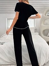 preiswerte Damen Schlafoberteile und -unterteile-Damen Schlafanzug Set Lässig Komfort Blumen Einfarbig Elastischer Bund Hose Täglich Heim Langarm V Ausschnitt Schwarz Weiß Purpur Grau Sommer Frühling Normale Passform