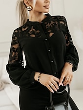 cheap Lace Tops-Women's Blouse Pleated Patchwork Solid Color Elegant Stylish Casual Long Sleeve High Neck Regular Tops Daily Black White Summer Spring Fall