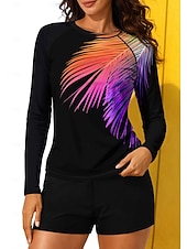 baratos Surfistas Tankinis &amp; Bikinis-Mulheres Normal Maiô Rashguard Anti Atrito Maiô com estampa floral Floral Tropical Bloqueio de cores 2 Peças Bojo Removível Boyleg Proteção Solar UV UPF50+ Proteção UV Manga Longa Roupa de Banho Anti