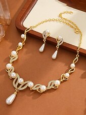 preiswerte Hochzeit ACC-Elegantes Schmuckset aus Imitationsperlen für Damen, bestehend aus Halskette und Ohrringen in Gold- und Silberfarben mit Kristallakzenten, perfekt für Hochzeiten und festliche Anlässe.