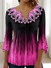  Dámské tričko ombre květinová grafika elegantní vintage stylové 3/4 rukáv V-výstřih standardní topy na každodenní nošení knoflíky modrá růžová červená zelená léto jaro