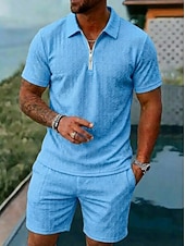 baratos Conjuntos de camisetas básicas masculinas-Homens Conjunto de shorts e camiseta Camisa de golfe Conjunto Polo Manga Curta Lapela Verão Tecido Moda Básico Moderno Jacquard 2 Peças Casual Diário Feriado Azul Preto Branco Top Tee para Homens