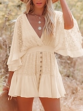 cheap Plain Dress-Women's Mini Dress A Line Dress Vacation Casual Outdoor Going out Regular Fit Solid Color 3/4 Length Sleeve V Neck Black White Pink Beige Summer Spring