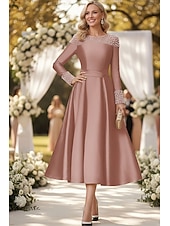 economico Lunghezza alla caviglia-Linea ad A Lunghezza alla caviglia Vestito da Festa Abito da Cocktail Abito da invitata a nozze Abito da cerimonia per signora Manica Lunga Senza Spalle Elegante Formale Raso con Perle