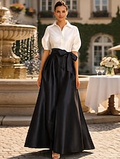 economico Lunghezza del pavimento-Linea ad A Lunghezza al pavimento Abito Camicia Abito da invitata a nozze Abito Formale Abito da cerimonia per signora Manica Corta Colletto a Camicia Elegante Festa Formale Ospite di nozze Taffetà