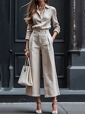 economico Abiti da donna con camicetta-Per donna Set di Pantaloni Bolero Top Manica Lunga Colletto a Camicia Semplice Arricciato Moda Streetwear All'aperto Ufficio Vacanza Nero Bianco Rosa Estate Vestibilità comoda