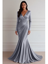 abordables Vestidos de Noche Sirena-Corte Trompeta Sirena Hasta el Suelo Trajes de gala Vestidos de noche Corte Cenicienta Vestimenta formal Elegante Manga Larga Escote en Pico Boda Formal Vestido rosa Satén elástico con Plisado