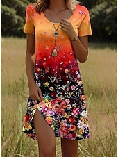 preiswerte Boho Kleider-Damen Minikleid Sommerkleid T-Shirt-Kleid A Linie Kleid Urlaub Lässig Täglich Strand Ferien Normale Passform Blumen Grafik Halbarm Rundhalsausschnitt Blau Schwarz Orange Grün Sommer