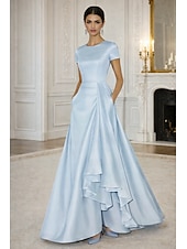 economico Abiti da Sera a Linea A-Linea ad A Asimmetrico Lunghezza al pavimento Abito da Sera Da principessa Abito formale Elegante Setoso Manica Corta Girocollo Matrimonio Formale Tasca Raso Shiena scoperta con Fiore ricamato Pieghe