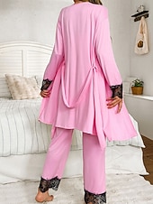 cheap Women's Sleepwear-Women's Loungewear Robe Pajama Set Fashion Luxury Casual Pure Color Lace Elastic Waist Pant Home Vacation Long Sleeve V Neck Black Pink Wine Navy Blue Summer Spring Fall Regular Fit