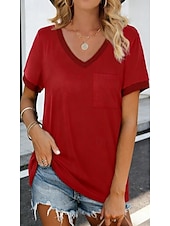 voordelige Effen t-shirt-Dames T-shirt Lapwerk Zak Kleurenblok Effen Kleur Stijlvol Casual Korte mouw V-hals Lange tops Dagelijks Uitgaan Zwart Wit Rood Grijs Zomer Lente