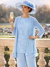 billige Mammas buksedresser-3-delt buksedress gulvlang mor til bruden kjole langermet rund hals elegant formell brudgjest med perler