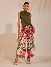 billiga dambyxor-Hawaii Palm silkeslena satinbyxor med blommönster