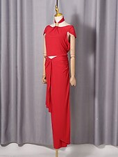 abordables Semi-formal / Cóctel-Two Piece Sheath Column Floor Length Wedding Guest Dress Wedding Guest Dresses Elegant Daily Cap Sleeve Halter Neck Garden Party Wedding with Ruched