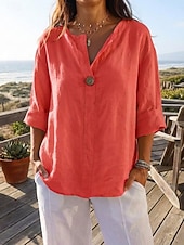 abordables Shirts-Women's Linen Shirts Blouse Patchwork Plain Stylish Modern Casual Long Sleeve V Neck Regular Tops Daily Holiday Going out Black White Navy Blue Orange Green Summer Spring