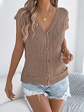baratos Blusas Simples-Mulheres Tops de verão Blusa Patchwork Botões Tecido à moda Clássico Moderno Manga Curta Decote V Tops regulares Diário Feriado Para Noite Preto Branco Marron Cáqui Verão Primavera